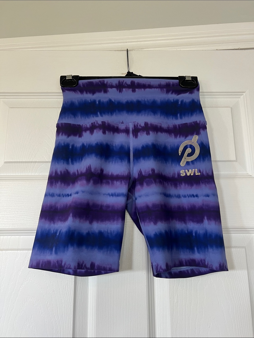 Peloton Purple and Blue Tie-Dye High-Waist Bike Shorts